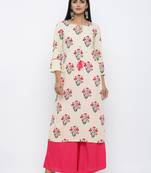 Women's  White Rayon Mughal Print Mirror Work Straight Kurta with Palazzo Set