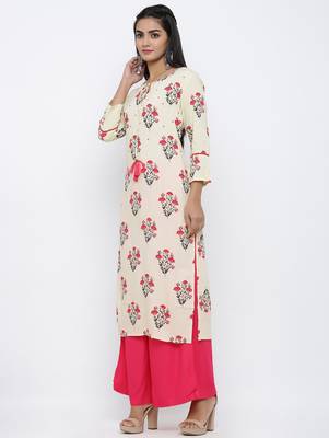 Women's  White Rayon Mughal Print Mirror Work Straight Kurta with Palazzo Set 2