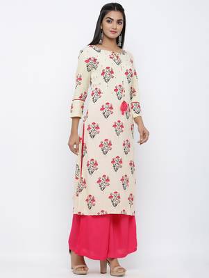 Women's  White Rayon Mughal Print Mirror Work Straight Kurta with Palazzo Set 3