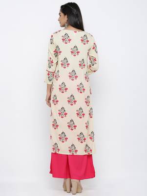Women's  White Rayon Mughal Print Mirror Work Straight Kurta with Palazzo Set 5