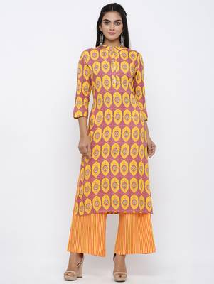 Women's  Orange & Mustard Rayon Mughal Print Mirror Work Straight Kurta with Palazzo Set 1