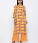 Women's  Orange & Mustard Rayon Mughal Print Mirror Work Straight Kurta with Palazzo Set
