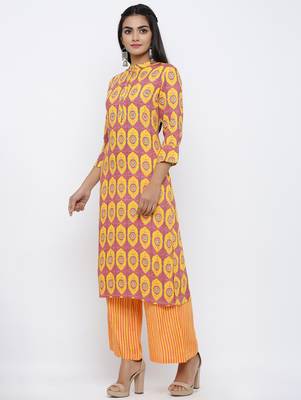 Women's  Orange & Mustard Rayon Mughal Print Mirror Work Straight Kurta with Palazzo Set 2