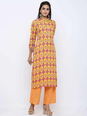 Women's  Orange & Mustard Rayon Mughal Print Mirror Work Straight Kurta with Palazzo Set 3