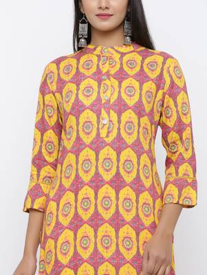 Women's  Orange & Mustard Rayon Mughal Print Mirror Work Straight Kurta with Palazzo Set 4