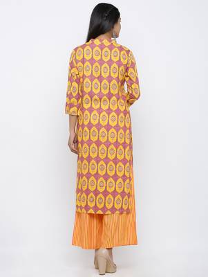 Women's  Orange & Mustard Rayon Mughal Print Mirror Work Straight Kurta with Palazzo Set 5