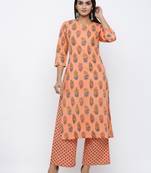 Women's  Peach Cotton Cambric Mughal Print Straight Kurta with Palazzo Set