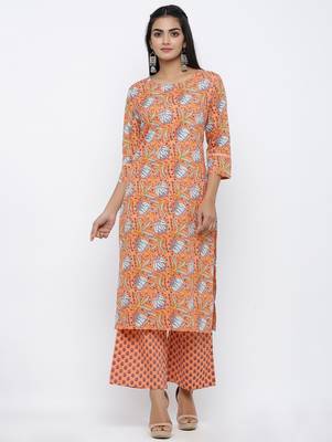 Women's  Peach Cotton Cambric Self Design Straight Kurta with Palazzo Set 1