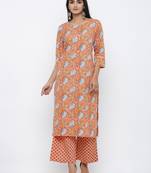 Women's  Peach Cotton Cambric Self Design Straight Kurta with Palazzo Set
