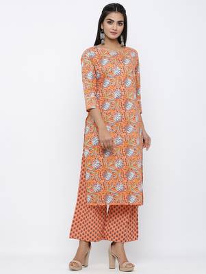 Women's  Peach Cotton Cambric Self Design Straight Kurta with Palazzo Set 2