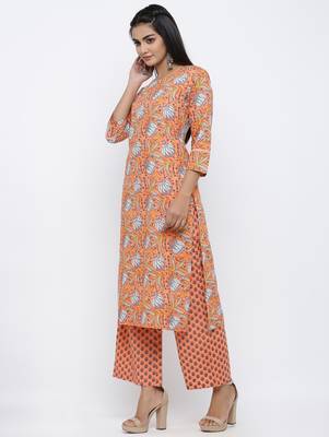 Women's  Peach Cotton Cambric Self Design Straight Kurta with Palazzo Set 3