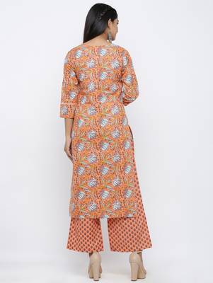Women's  Peach Cotton Cambric Self Design Straight Kurta with Palazzo Set 5