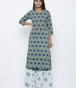 Women's  Dark Green Cotton Cambric Screen Print Straight Kurta with Skirt Set