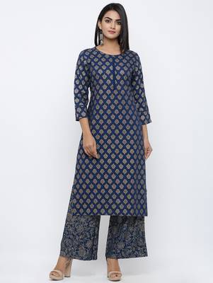 Women's  Navy Blue Rayon Gold Print Straight Kurta with Palazzo Set 1