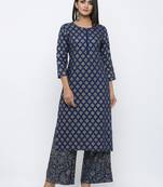 Women's  Navy Blue Rayon Gold Print Straight Kurta with Palazzo Set