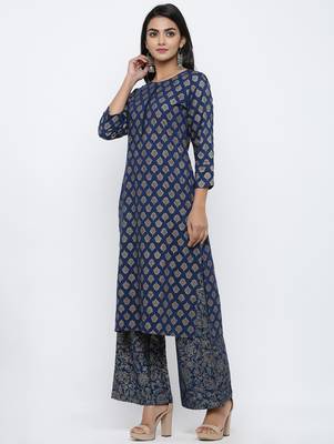 Women's  Navy Blue Rayon Gold Print Straight Kurta with Palazzo Set 2