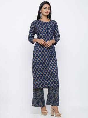 Women's  Navy Blue Rayon Gold Print Straight Kurta with Palazzo Set 3