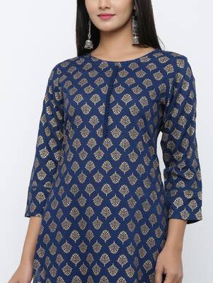 Women's  Navy Blue Rayon Gold Print Straight Kurta with Palazzo Set 4