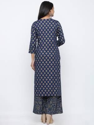 Women's  Navy Blue Rayon Gold Print Straight Kurta with Palazzo Set 5