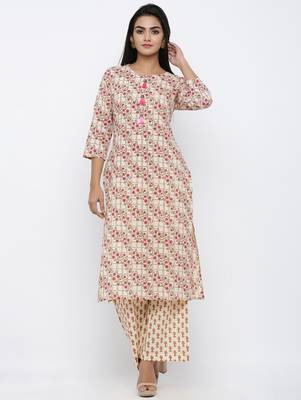 Women's  Beige Cotton Cambric Self Design Straight Kurta with Palazzo Set 1