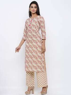 Women's  Beige Cotton Cambric Self Design Straight Kurta with Palazzo Set 2