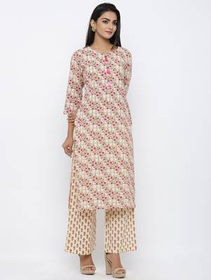 Women's  Beige Cotton Cambric Self Design Straight Kurta with Palazzo Set 3