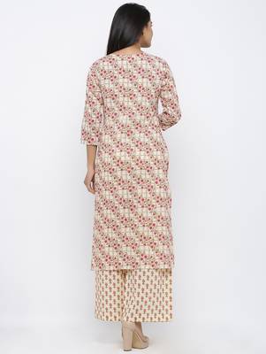 Women's  Beige Cotton Cambric Self Design Straight Kurta with Palazzo Set 5
