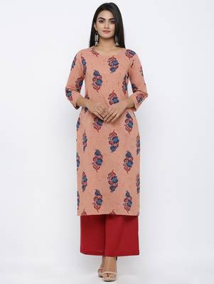 Women's  Coral & Red Cotton Cambric Buta Print Mirror Work Straight Kurta with Palazzo Set 1