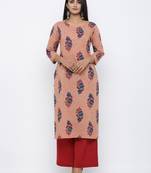 Women's  Coral & Red Cotton Cambric Buta Print Mirror Work Straight Kurta with Palazzo Set