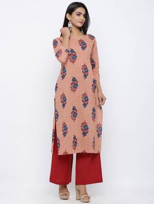 Women's  Coral & Red Cotton Cambric Buta Print Mirror Work Straight Kurta with Palazzo Set 2