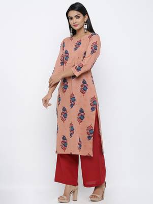 Women's  Coral & Red Cotton Cambric Buta Print Mirror Work Straight Kurta with Palazzo Set 3
