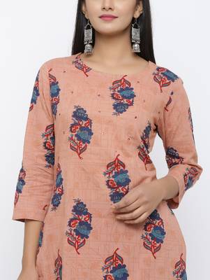 Women's  Coral & Red Cotton Cambric Buta Print Mirror Work Straight Kurta with Palazzo Set 4