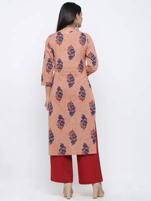 Women's  Coral & Red Cotton Cambric Buta Print Mirror Work Straight Kurta with Palazzo Set 5