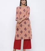 Women's  Coral & Red Cotton Cambric Buta Print Mirror Work Straight Kurta with Palazzo Set