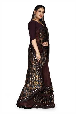 Brown printed lycra saree with blouse 2