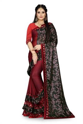 Maroon printed lycra saree with blouse 1