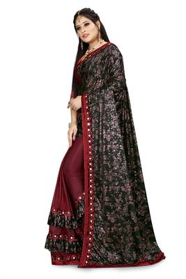 Maroon printed lycra saree with blouse 3