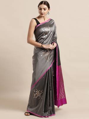 Grey woven silk blend saree with blouse 1