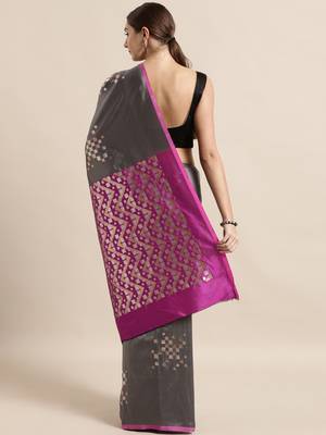 Grey woven silk blend saree with blouse 2