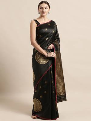 Black woven silk blend saree with blouse 1