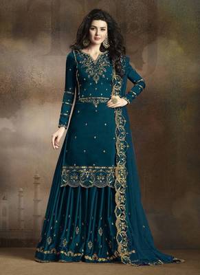 Dark-turquoise embroidered silk salwar 1