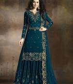 Dark-turquoise embroidered silk salwar