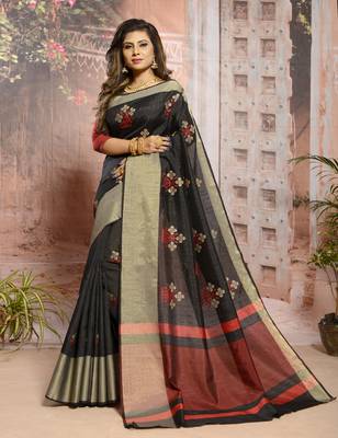 Cream embroidered cotton saree with blouse 1