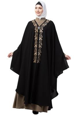 Women Black &Beige Double Color Double Layered Irani Kaftan Abaya 1