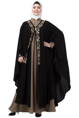 Women Black &Beige Double Color Double Layered Irani Kaftan Abaya 3