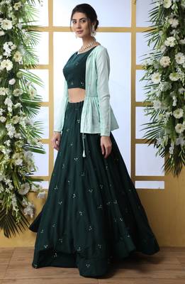 Dark Green Sequince Embroidered Maslin Cotton Semi Stitched bridal lehenga Choli With Koti 5