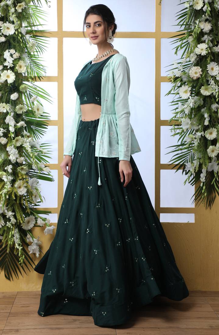 Dark Green Sequince Embroidered Maslin Cotton Semi Stitched bridal lehenga Choli With Koti