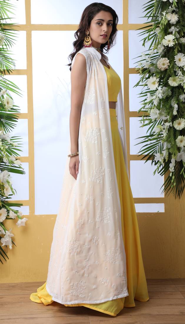 Yellow Thread With Sequince Embroidered Georgette Semi Stitched bridal lehenga Choli With Koti