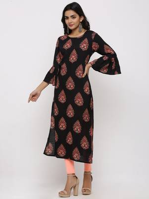 Women's Black Rayon Buta Print Straight Kurta 2