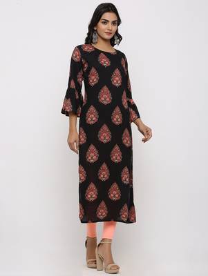 Women's Black Rayon Buta Print Straight Kurta 3